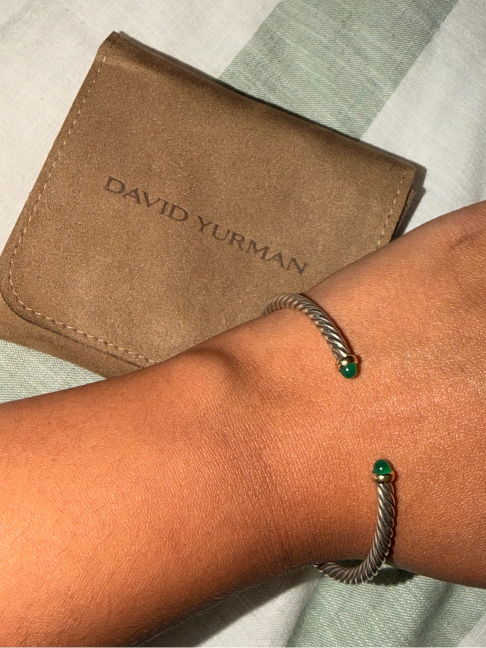 David Yurman Cable Flex Bracelet Sterling Silver 14K Gold Green Onyx Size L - Picture 2 of 3